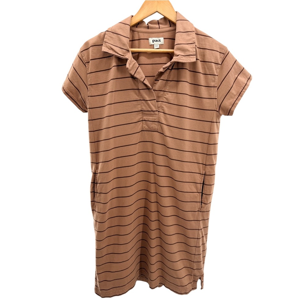 PACT Organic Cotton Striped Polo T-Shirt Pocket Mini Dress Preppy Casual M